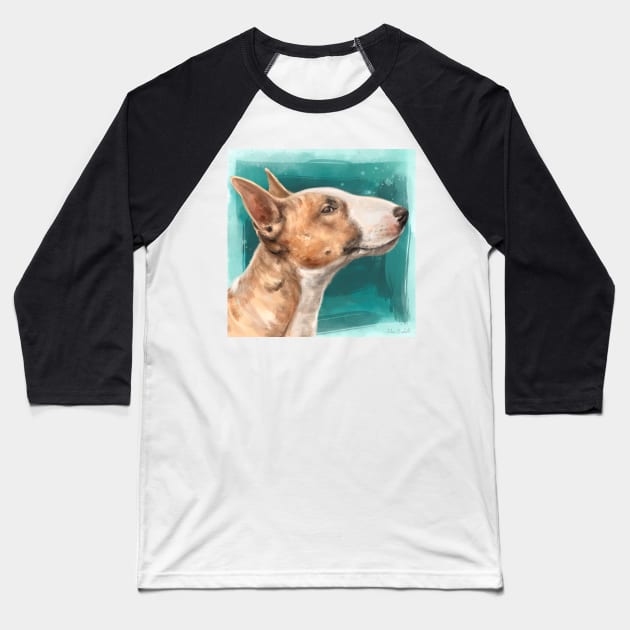 Painting of a Brown and White Bull Terrier on Teal Blue Background Baseball T-Shirt by ibadishi